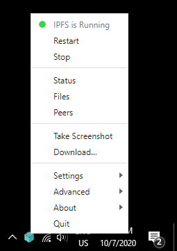 The IPFS Desktop status bar menu in the Windows status bar.