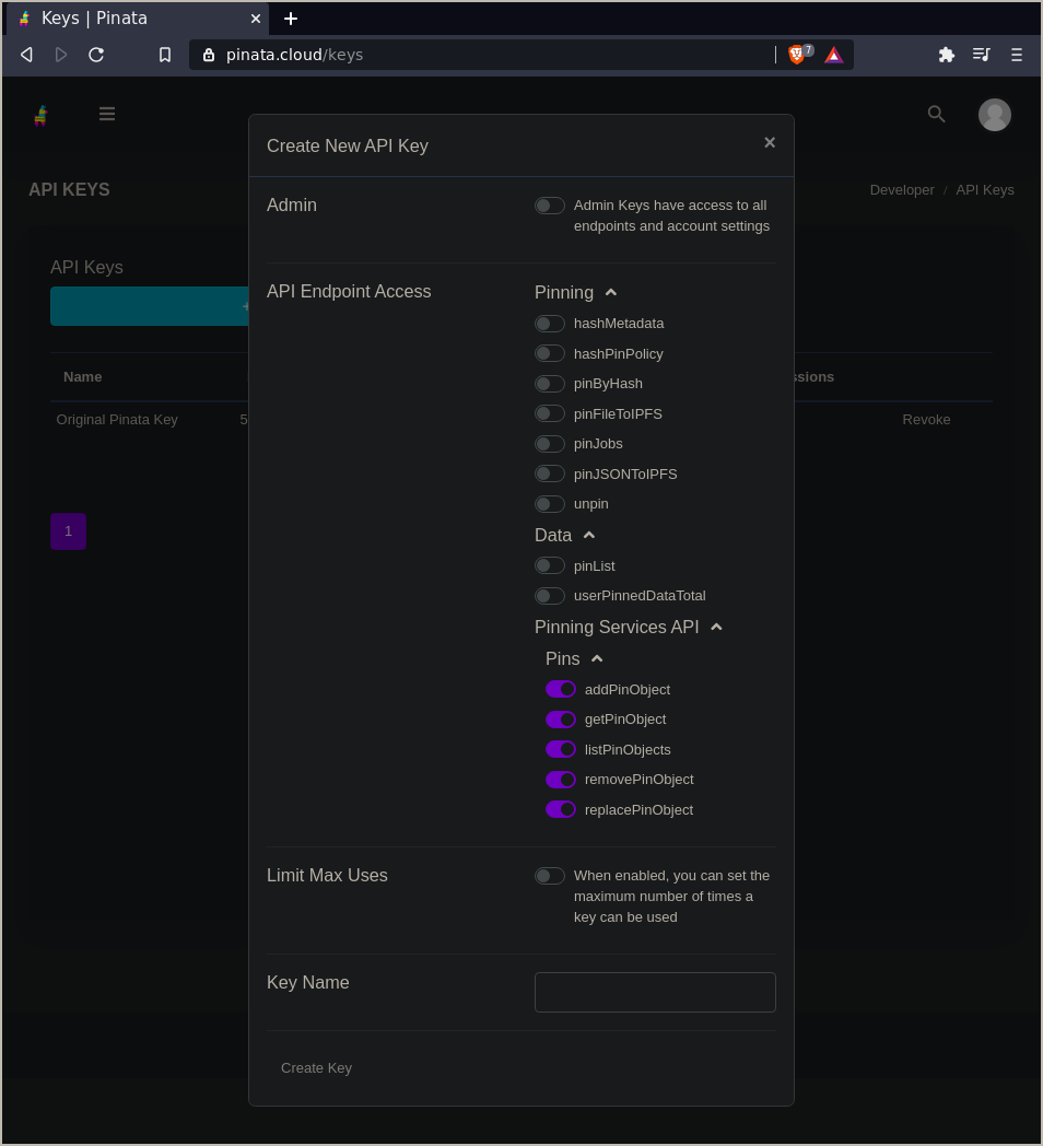 The permissions options available to API keys in Pinata.