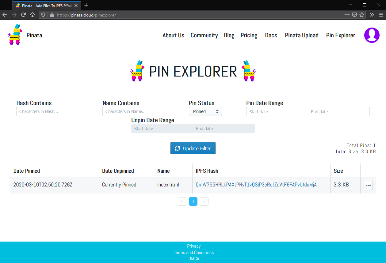 The Pinata Pin Explorer screen showing the index.html pinned.